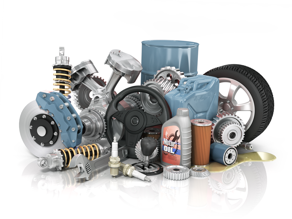 Sammlung verschiedener Autoteile wie Bremsscheibe, Stoßdämpfer, Kolben, Zahnrad, Reifen, Ölfilter und Motoröl auf heller spiegelnder Oberfläche